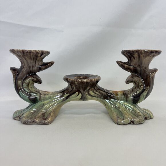 Vintage Germany Pottery Triple Candle Holder Jasba Keramik Orange Brown Glazed - Picture 2 of 9